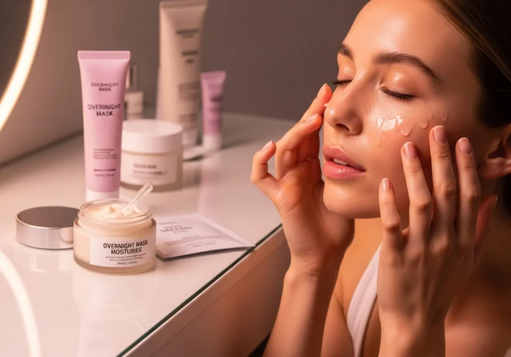 Woman applying night skincare products including serum and moisturizer on a vanity with soft pink and warm lighting, illustrating a nighttime skincare routine.