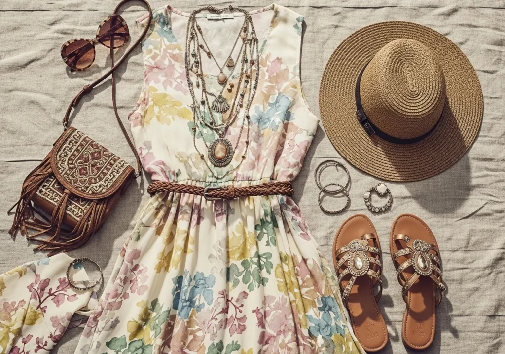 Flatlay of a floral maxi dress styled with a leather belt, layered necklaces, floppy hat, and sandals for a boho chic look.