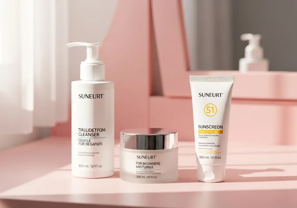 Close-up of beginner-friendly skincare products—cleanser, moisturizer, and sunscreen—on a soft pink vanity, showing a clean and elegant setup.