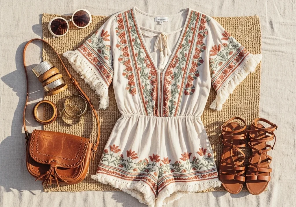 Flatlay of a boho romper with fringe and embroidery, styled with gladiator sandals, crossbody bag, sunglasses, and chunky bangles