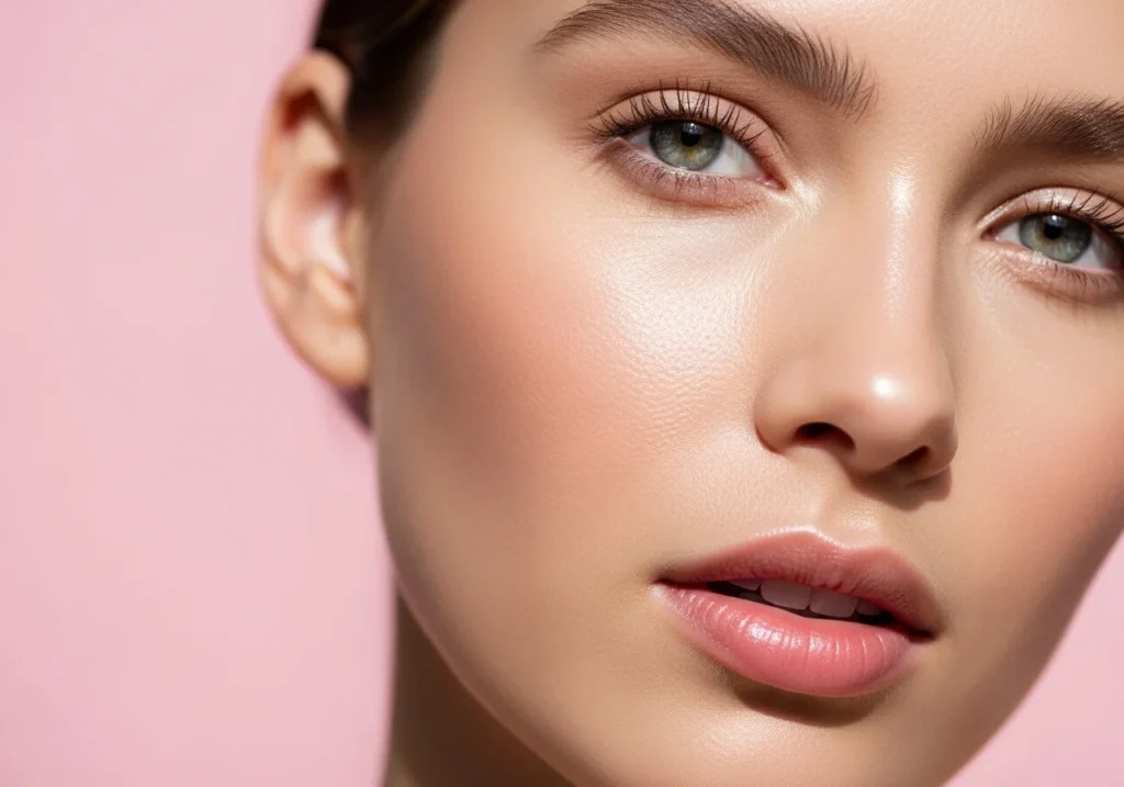 Close-up portrait of a woman with glowing, healthy skin against a soft pastel pink background.