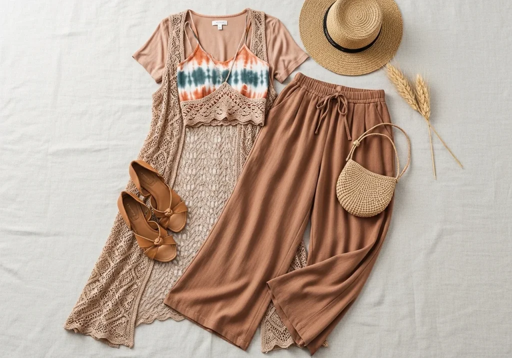 Flatlay of wide-legged earthy-toned pants paired with a crochet or tie-dye crop top, layered with a crochet vest or kimono for a boho look.