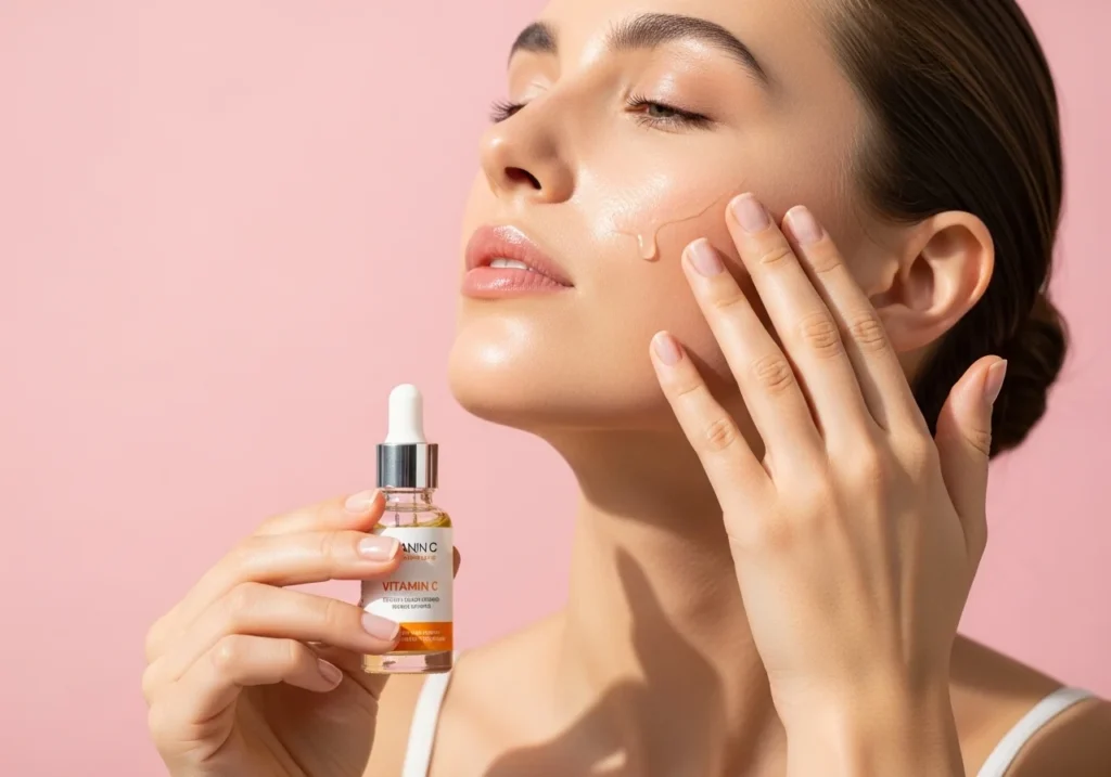 Woman applying a vitamin C serum to her face on a soft pink background, illustrating a professional face care routine for glowing skin.