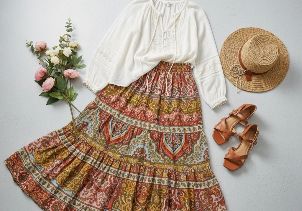 Flatlay of a flowy printed skirt paired with a loose boho blouse, styled with ankle boots or wedge sandals for a boho chic outfit.