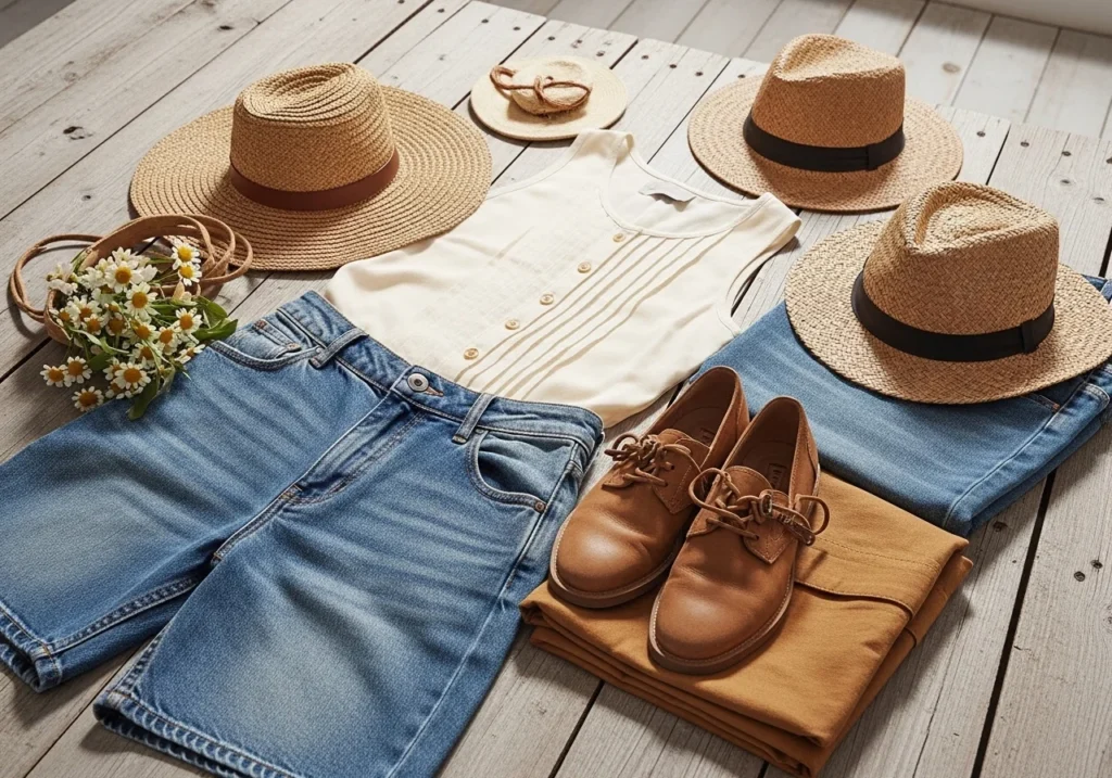 Flatlay of denim shorts paired with a crochet top, styled with lace-up sandals for a casual boho chic look.