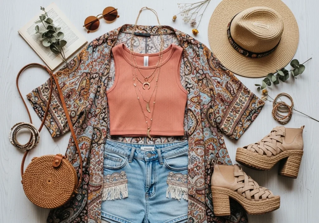 Flatlay of a kimono layered over a crop top and high-waisted shorts, styled with chunky sandals or platform boots for a boho chic outfit.