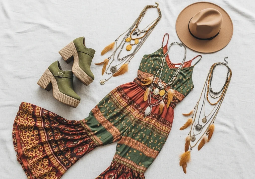 Flatlay of a boho jumpsuit with flared legs, paired with platform shoes, a wide-brimmed hat, and layered necklaces for a chic boho look.
