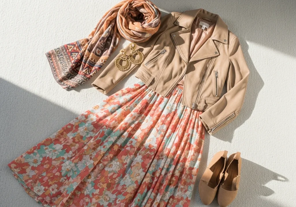 Flatlay of a neutral suede jacket layered over a bright floral long skirt, styled with a bohemian scarf and statement earrings for a boho chic outfit.