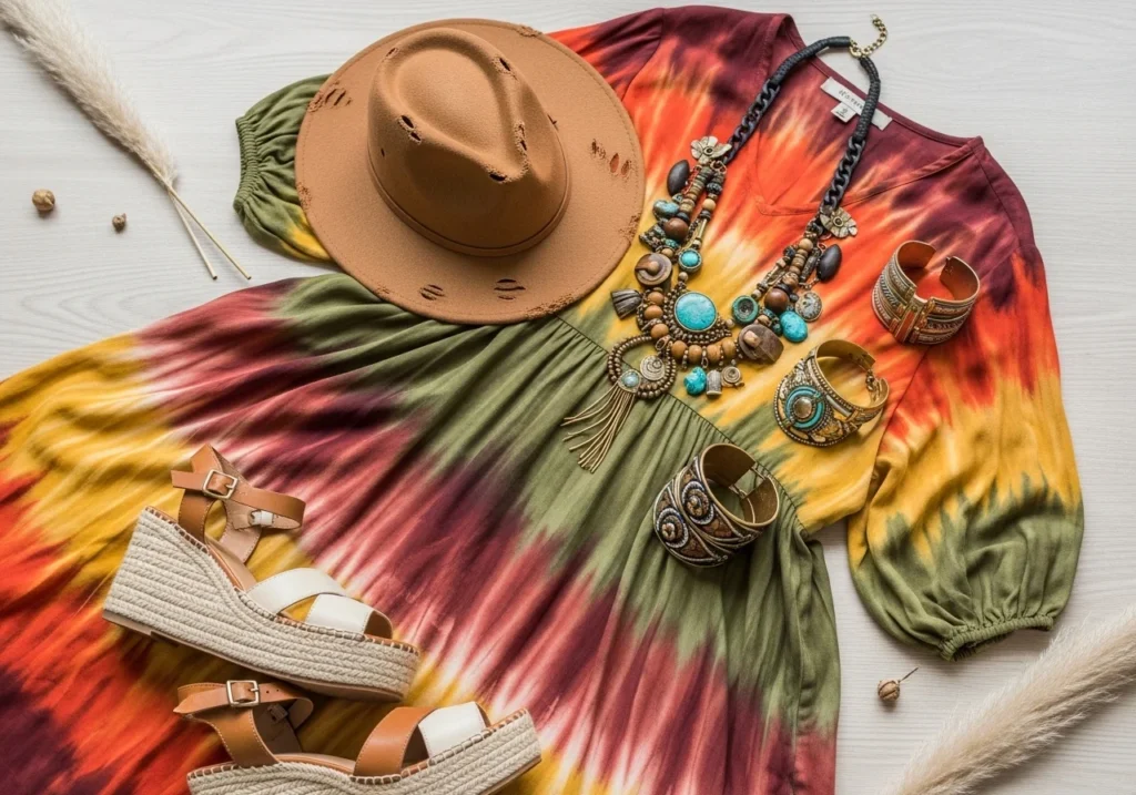 Flatlay of a tie-dye boho dress styled with a wide-brimmed hat, bold jewelry, and wedges or platform sandals for a vibrant boho chic outfit.