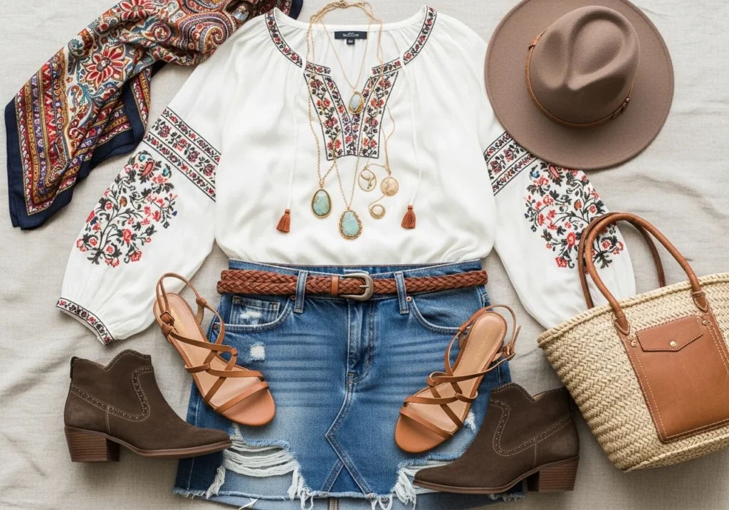 Flatlay of a peasant blouse with embroidery paired with a denim skirt, styled with strappy sandals or ankle boots for a boho chic outfit.