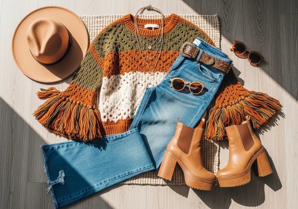 Flatlay of a boho sweater with bell sleeves paired with flared jeans, styled with platform boots and vintage sunglasses for a boho chic outfit.
