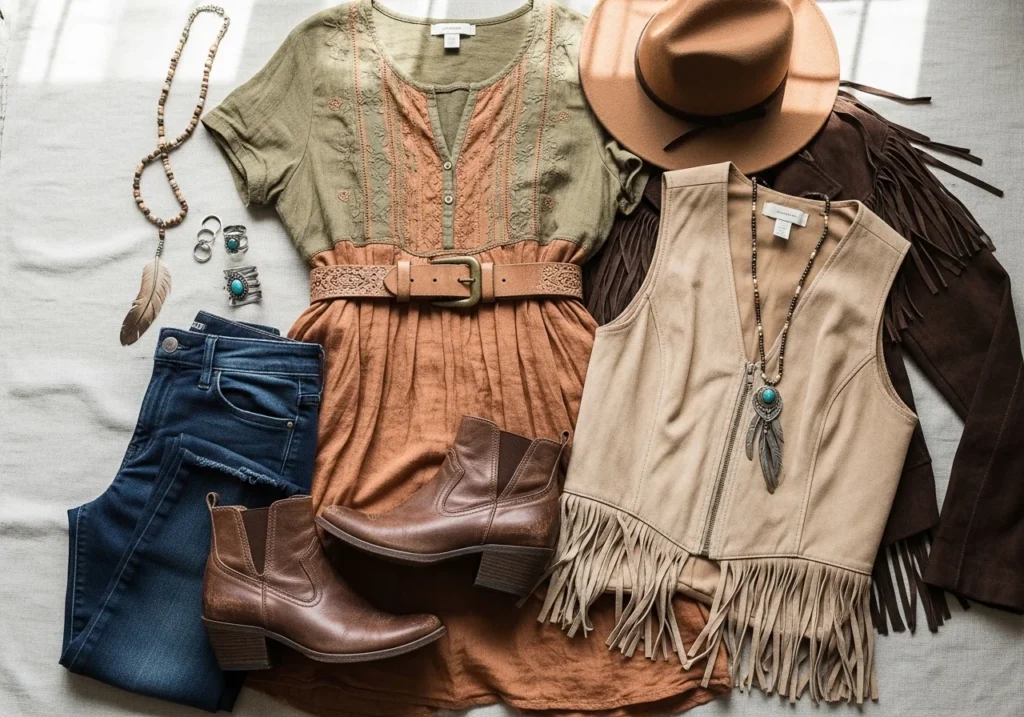 Flatlay of a boho tunic layered over skinny jeans, styled with leather boots and a suede vest or fringe jacket for a boho chic outfit.