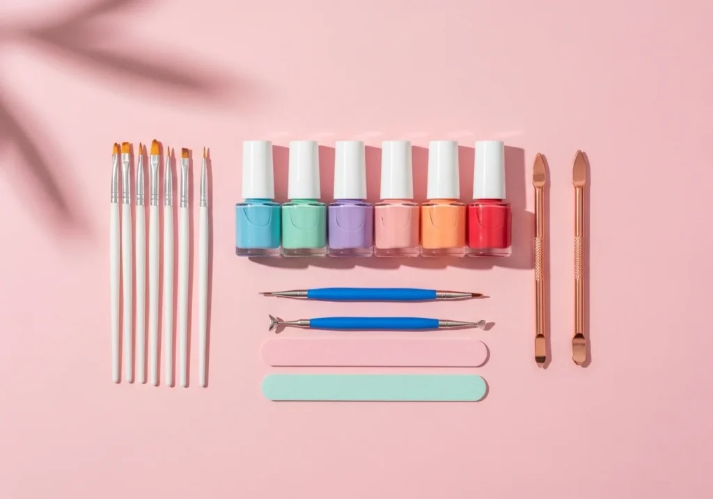 Flatlay of a beginner’s nail art kit including brushes, dotting tools, nail files, cuticle pushers, and colorful polishes on a pastel background.