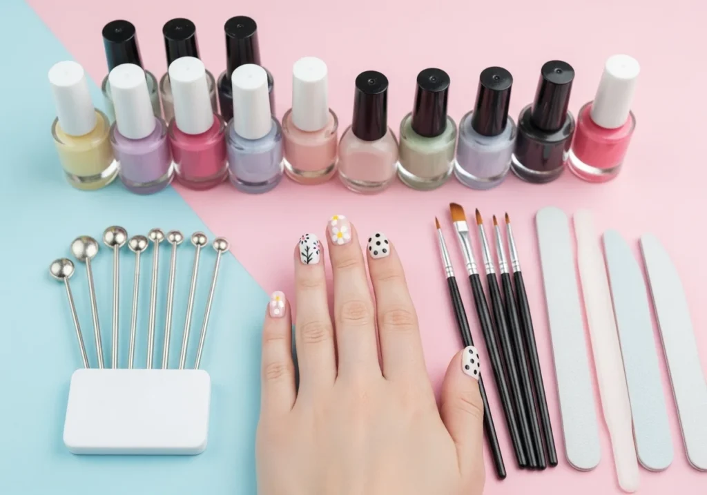 Close-up of nail art tools and partially painted nails with minimalist floral and dot designs on a pastel background for beginner-friendly DIY nail art.
