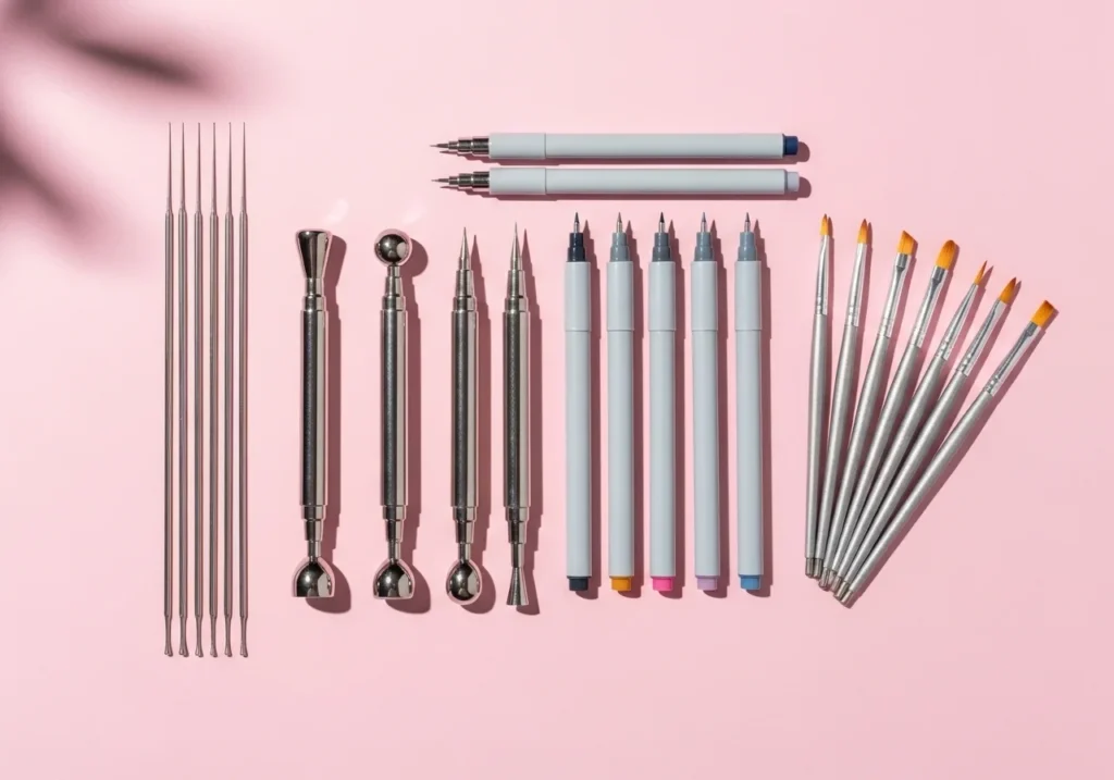 “Flatlay of nail art tools including dotting pens, fine brushes, striping tools, and nail art pens on a pastel background for beginner nail designs.”