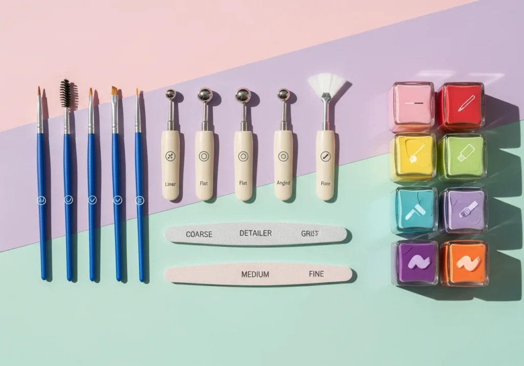 Flatlay of labeled nail art tools for beginners including brushes, dotting tools, nail files, and polishes on a pastel background.