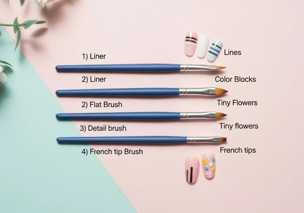 Flatlay of four nail art brushes—liner, flat, detail, and French tip—arranged with example nail designs showing their uses on a pastel background.