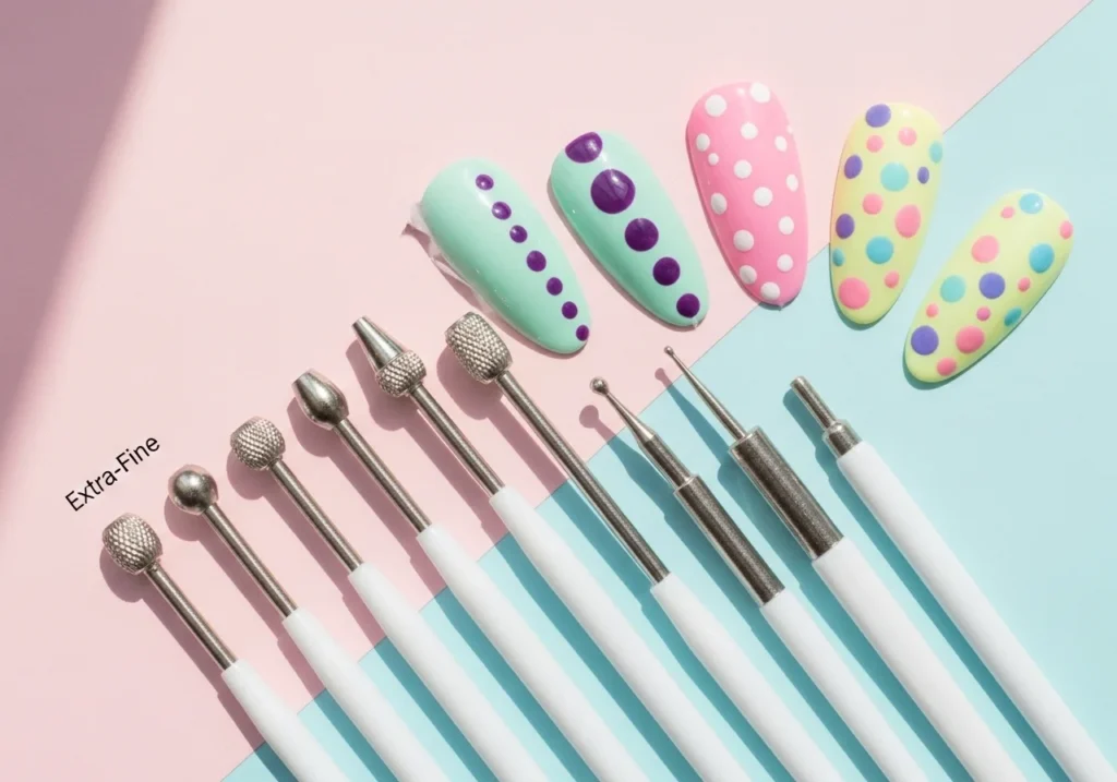 Flatlay of nail art dotting tools set with example nails showing small to large dots in different colors on a pastel background.