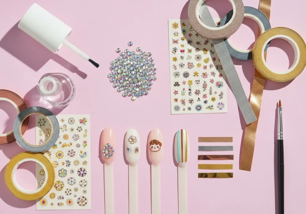 Flatlay of nail art accessories including rhinestones, stickers, and striping tape with example nail designs on a pastel background.