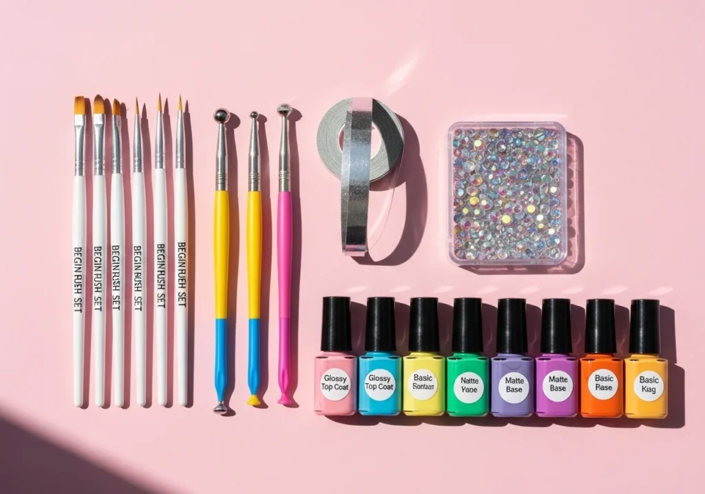 Flatlay of a beginner nail art kit with brushes, dotting tools, striping tape, rhinestones, and nail polishes on a pastel background.
