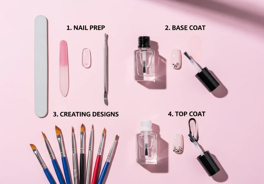 Flatlay of step-by-step nail art process at home including nail prep, base coat, design creation, and top coat on a pastel background.