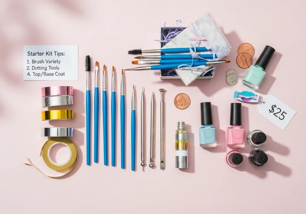 Flatlay of a beginner nail art kit with brushes, dotting tools, and polishes, with a gift box and shopping tags to show tips for choosing a kit.
