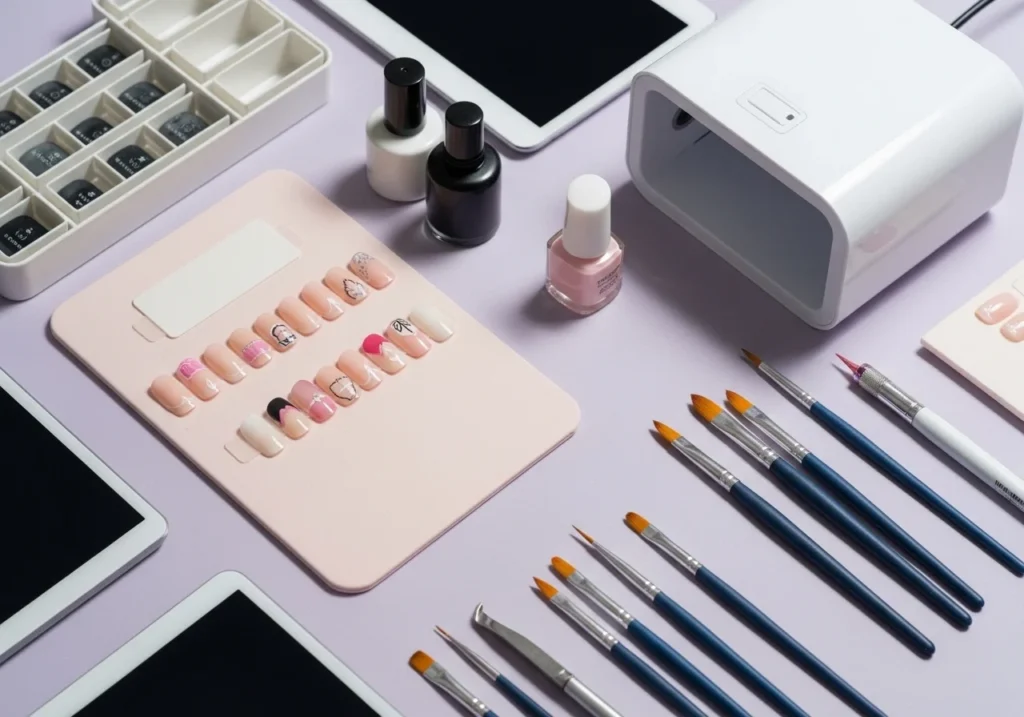 Flatlay of a professional-looking beginner nail art workspace with fake nails, nail brushes, top coat, tools, and a light box, illustrating pro tips for practicing at home.