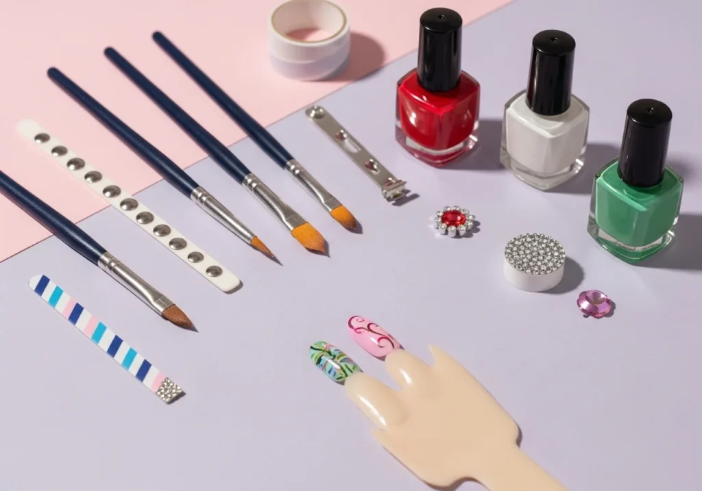 Flatlay of a beginner nail art workspace with brushes, dotting tools, polishes, accessories, and a partially completed nail tip on a pastel background, illustrating inspiration and tools for creating nail art at home.