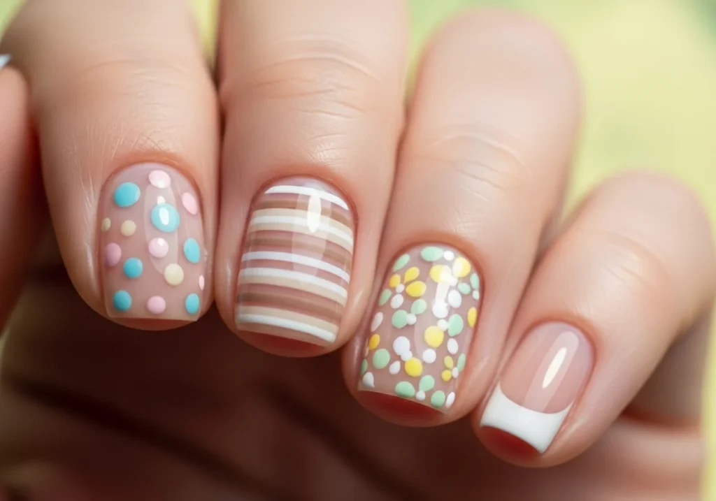 Close-up of fingernails showcasing beginner nail art designs including dots, stripes, floral patterns, and French tips on a pastel background.