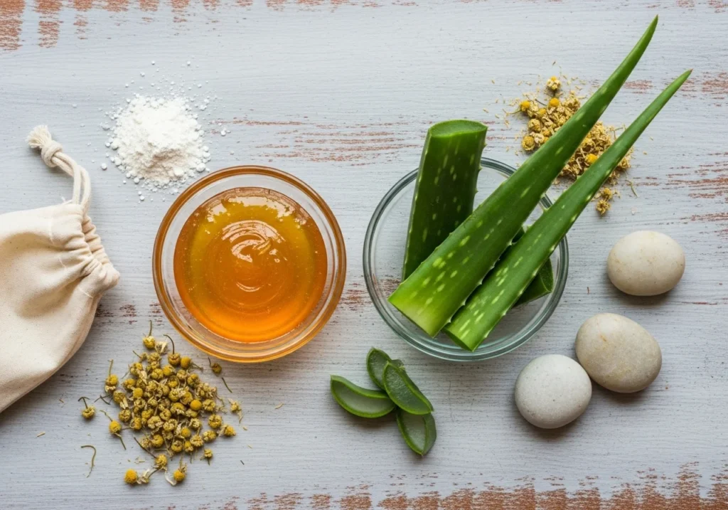 Flatlay of natural cleanser ingredients, featuring fresh aloe vera leaves and honey on a light wooden surface, photographed with soft natural lighting and realistic textures.