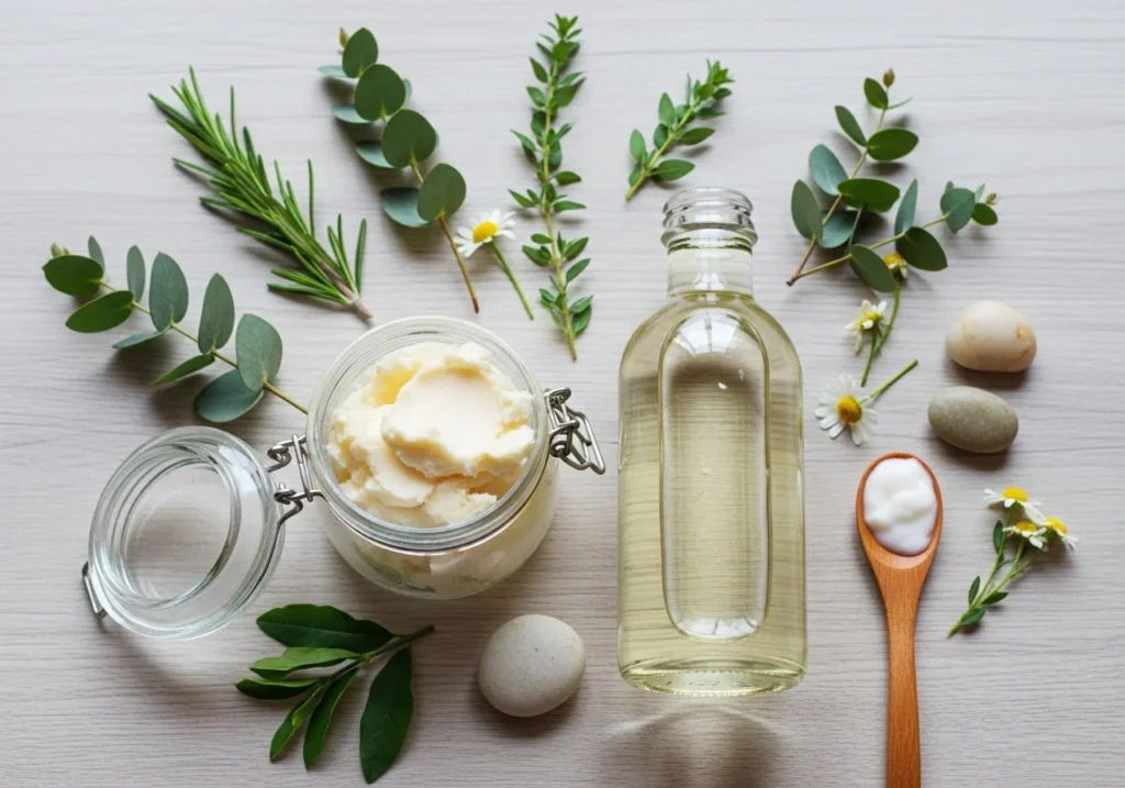 Flatlay of natural moisturizer ingredients, featuring shea butter, coconut oil, and green herbs on a light wooden surface with soft natural lighting and realistic textures.