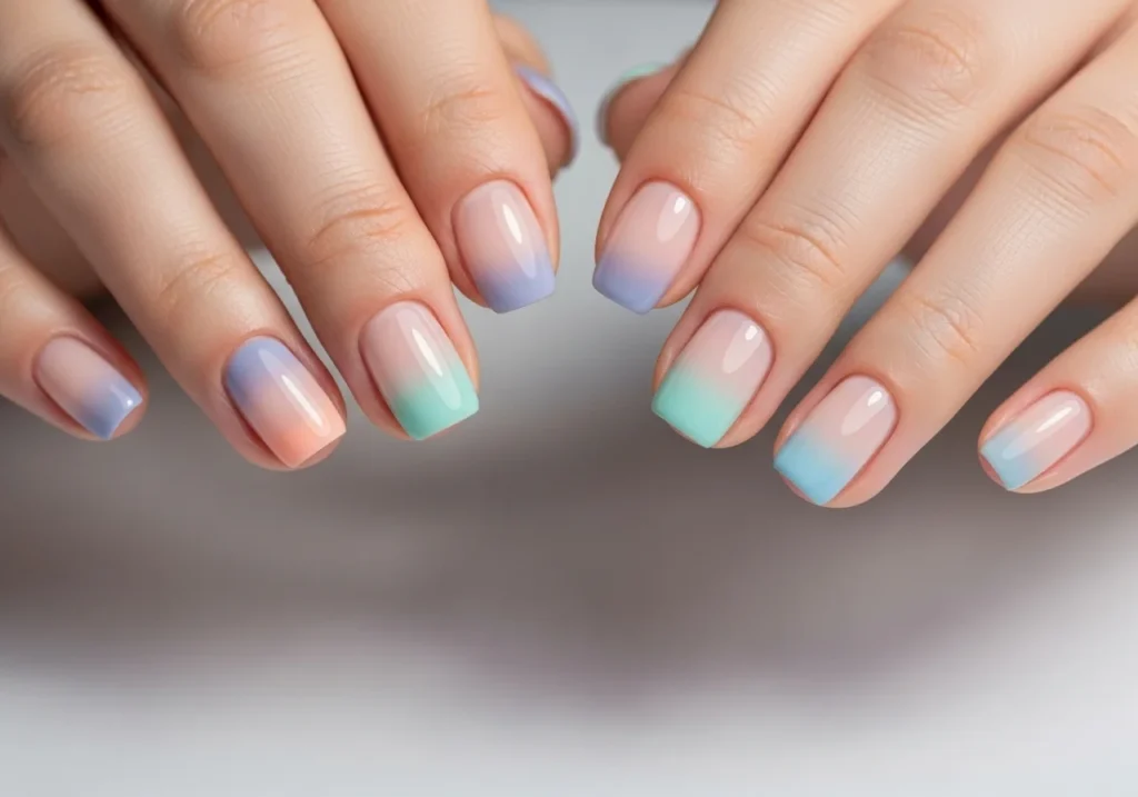 Short nails with soft gradient/ombre effect blending two pastel shades with a glossy finish