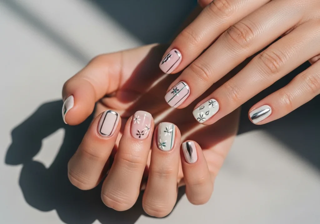 “Header image of trendy short nail designs with pastel and minimalist art.”