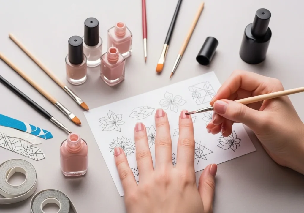 Short nails in progress with nail polish, brushes, tape, practice designs, and top coat for beginner nail art tips.