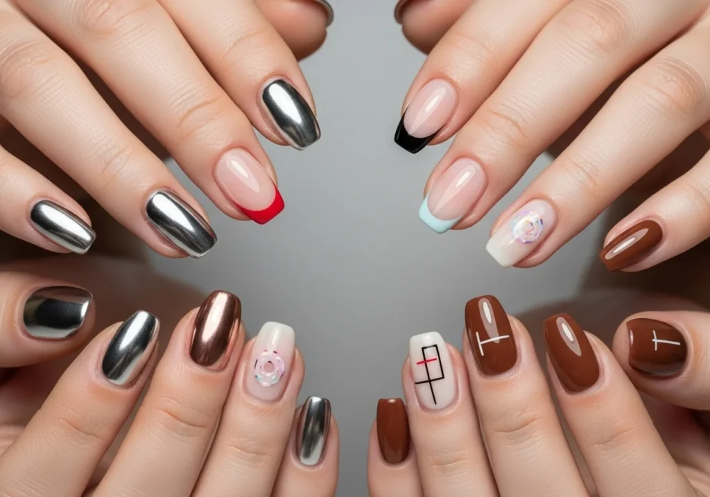 “Close-up of short trendy nails featuring 2026 nail designs, including chrome finishes, colored French tips, glazed donut shine, negative-space art, and chocolate brown shades.”