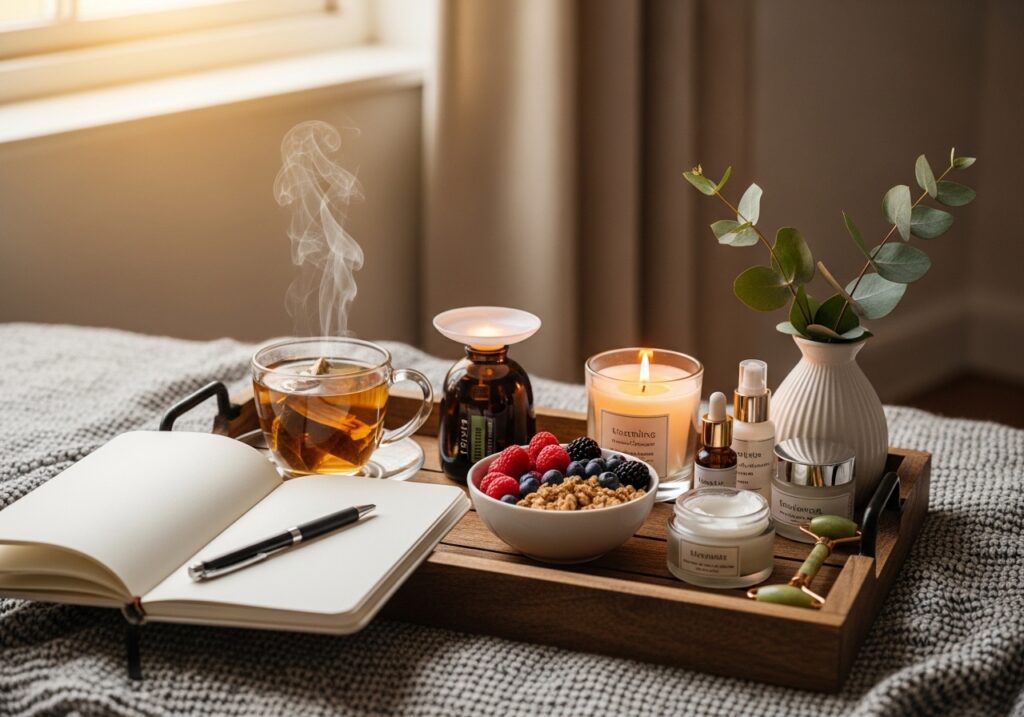 Aesthetic Morning Self Care Routine setup with candles and plants