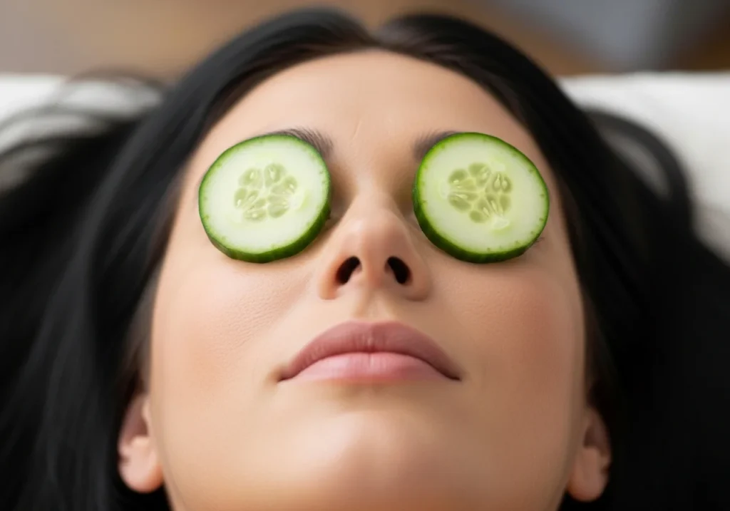 Fresh cucumber slices on eyes to reduce dark circles and puffiness