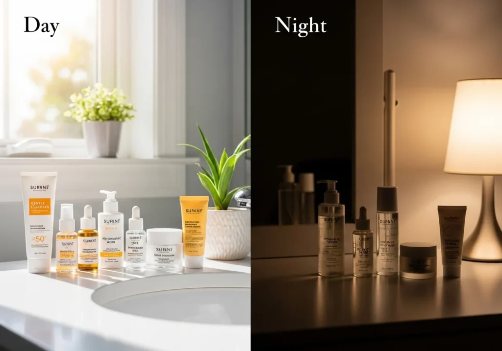 Comparison of morning and night skincare routine showing protection and repair phases