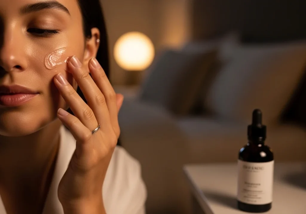 Applying treatment serum at night for skin repair