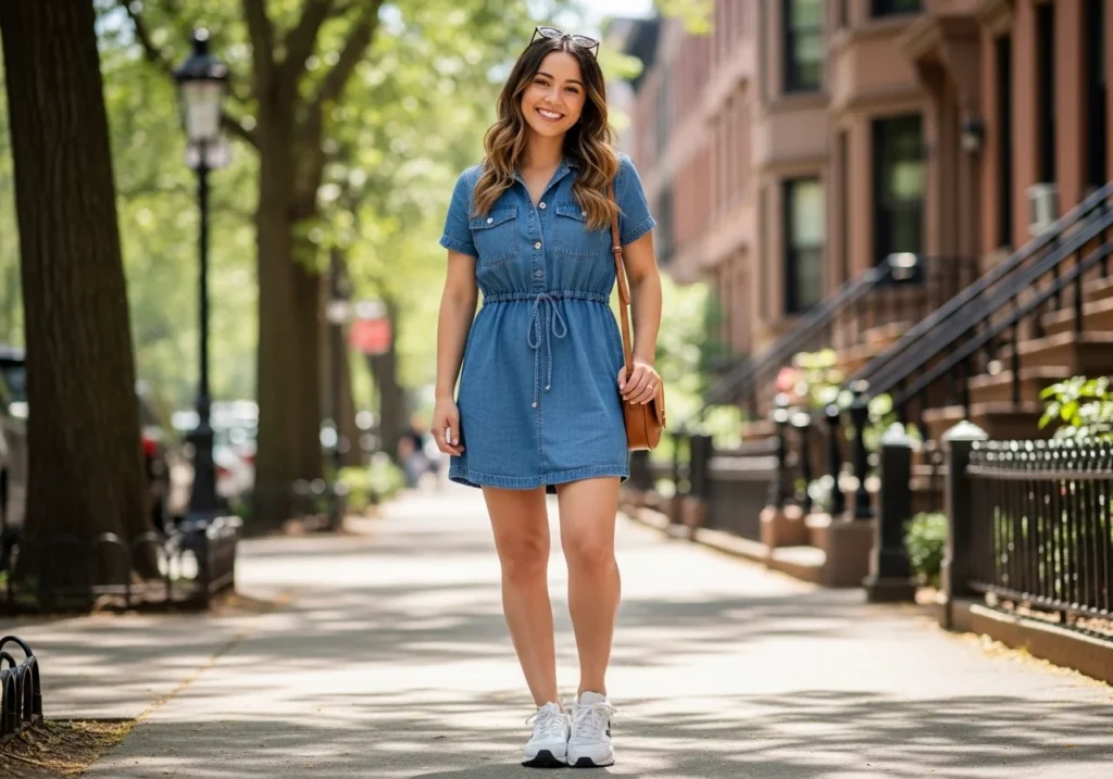 casual denim dress outfit with sneakers