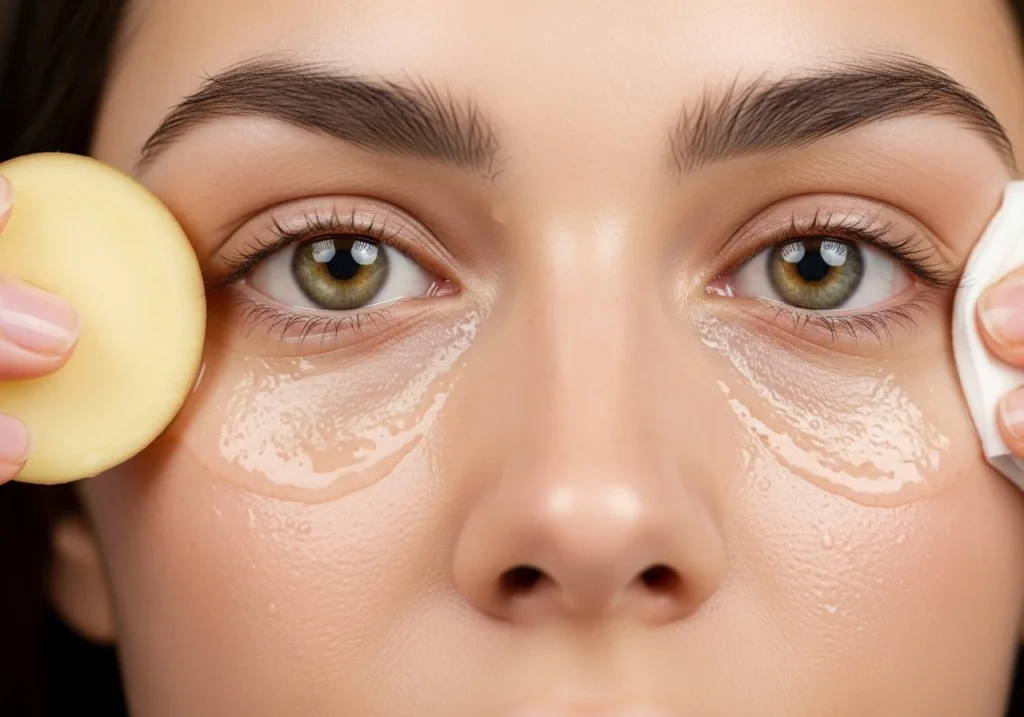 Applying potato juice under eyes to lighten dark circles naturally