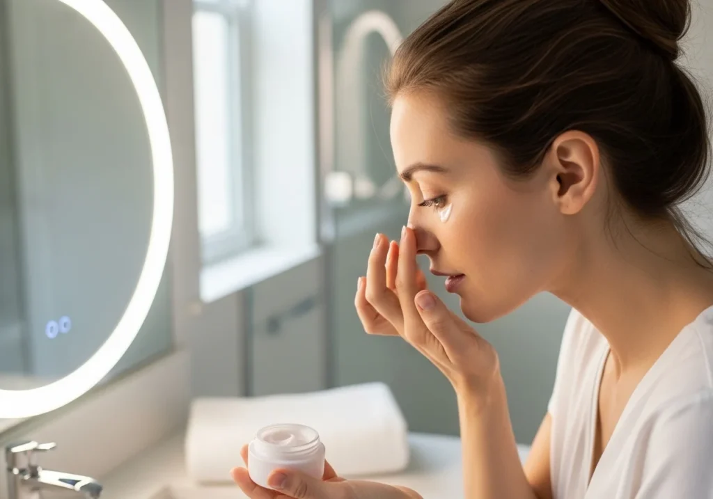 Eye cream applied to reduce dark circles and puffiness