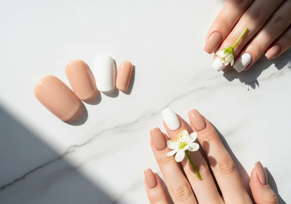 Flat lay of minimalist nude and white nail designs on a marble background with a small flower accent.