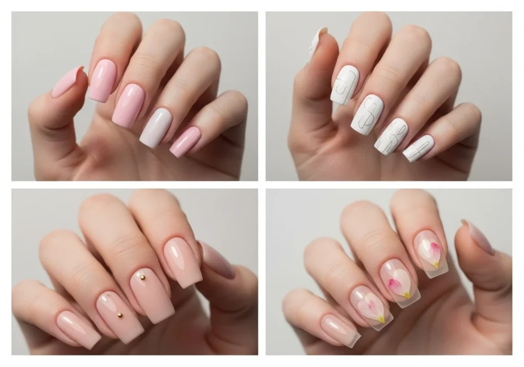 Moodboard showing minimalist nail designs in pastel pink, white line art, nude nails with a gold dot, and clear nails with a single petal.