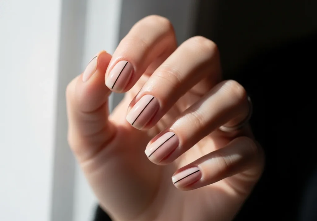Close-up of minimalist nude nails with thin black single-line nail art.