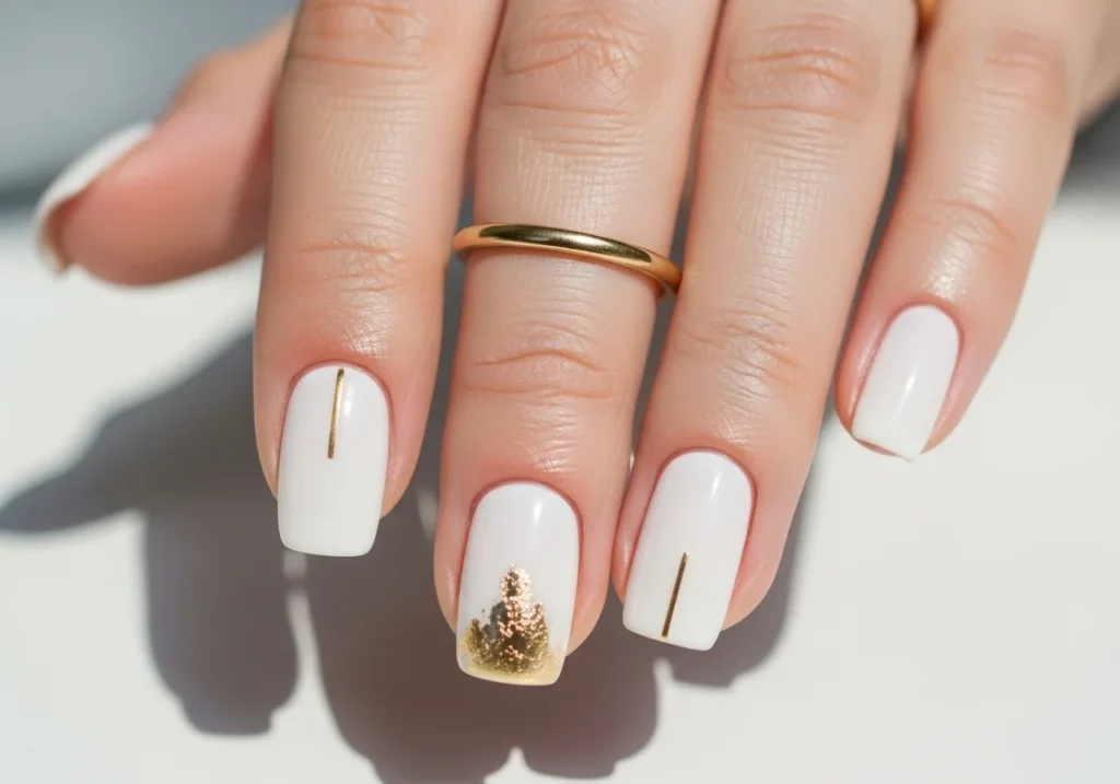Elegant minimalist nails with a milky white base and a single gold foil