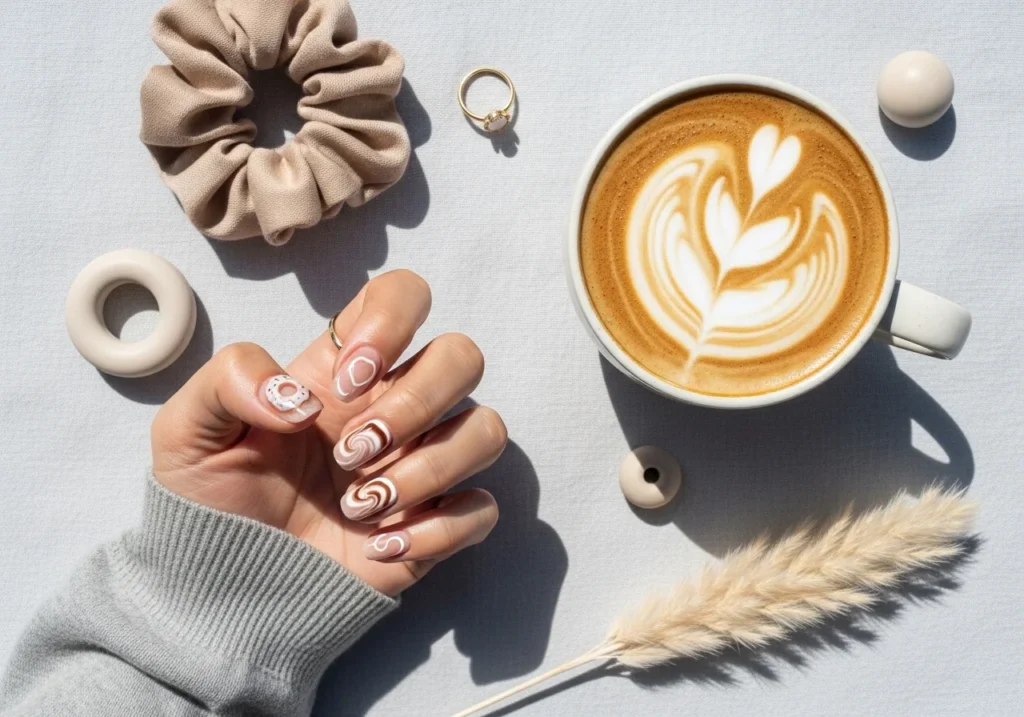 Flat lay of trendy minimalist nail designs including glazed donut and latte nails with coffee mug and neutral accessories.