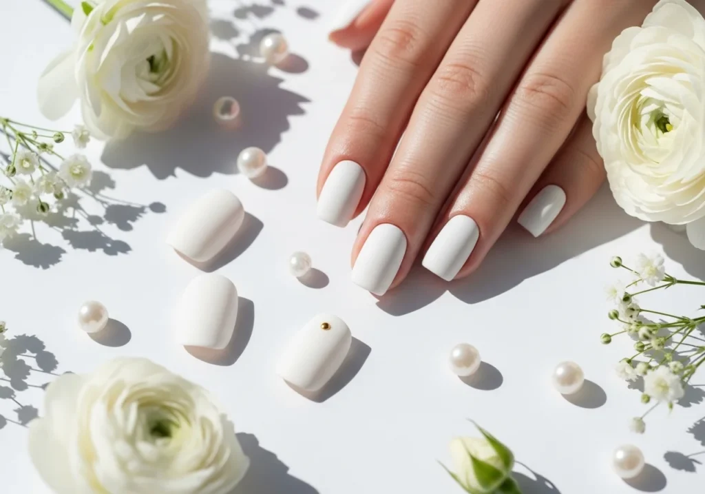 Flat lay of white minimalist matte nails with a single gold dot accent, styled with flowers and pearls.