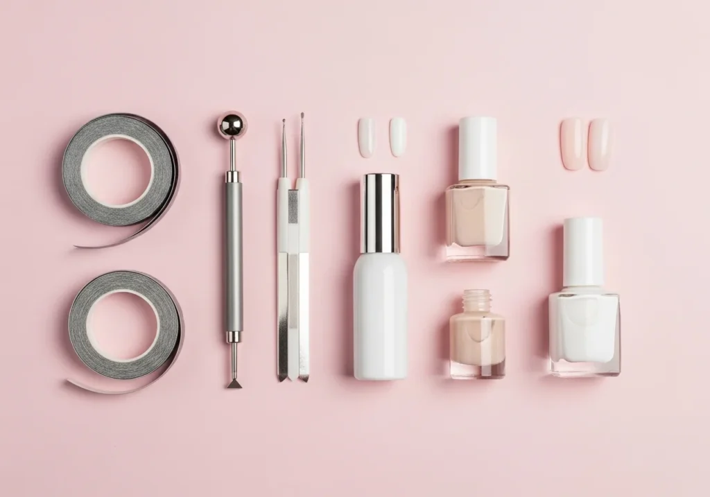Flat lay of DIY minimalist nail tools including striping tape, dotting tool, and nude and white polishes on a light pink background.
