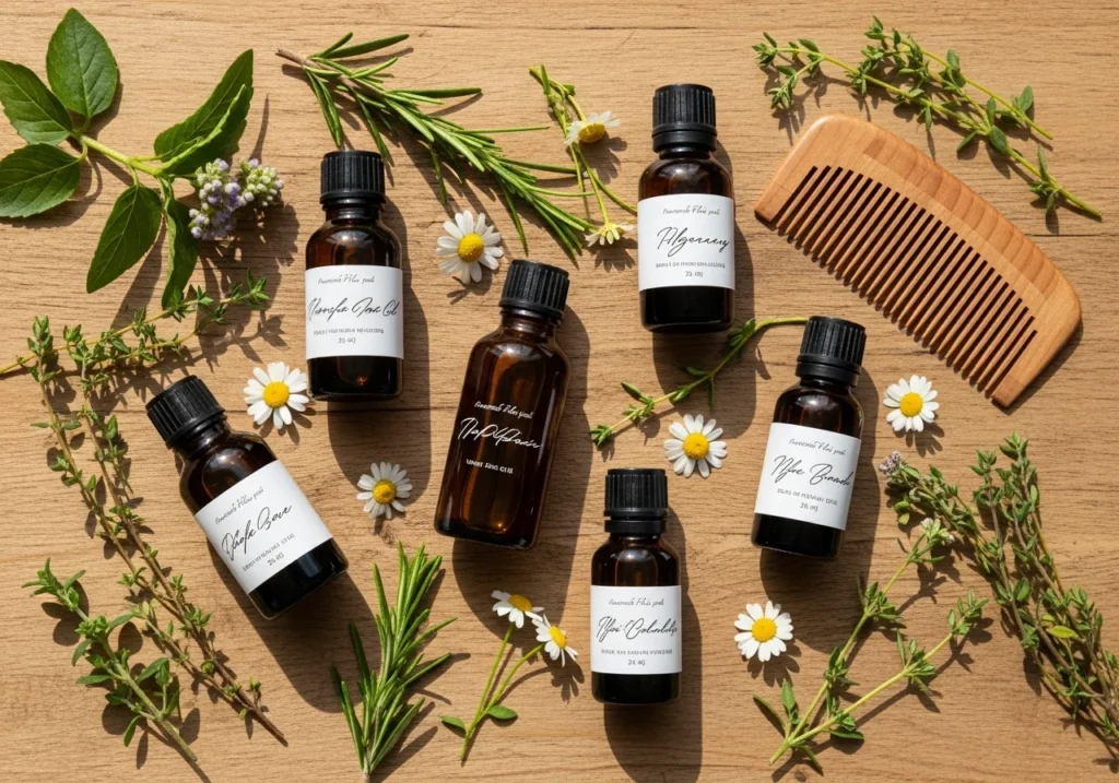 Flat lay of hair growth oils in amber bottles with natural herbs and a wooden comb on a wooden background.
